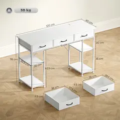 HOMCOM 120cm Computer Desk with Power Outlets, Office Desk Study Table with 3 Fabric Drawers and 4 Storage Shelves, White - 2