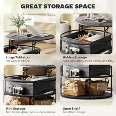 HOMCOM Lift Top Coffee Table, Round Coffee Table with Storage Shelf, Hidden Compartment and Steel Frame for Living Room, Home Office, Charcoal Grey - 4