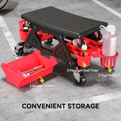 HOMCOM Rolling Mechanic Stool, 135kg Capacity Workshop Stool with 360° Swivel Wheels, Roller Creeper Seat with Slide Out Tool Trays, Drawer, Bottle Holders for Garage, Shop, Auto Repair, Red - 6