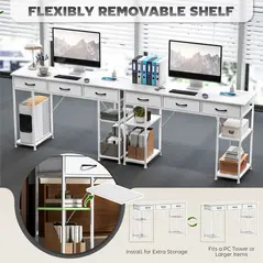 HOMCOM 120cm Computer Desk with Power Outlets, Office Desk Study Table with 3 Fabric Drawers and 4 Storage Shelves, White - 5