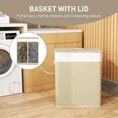 HOMCOM Double Laundry Basket with Lid, 100L Bamboo Laundry Hamper with Rope Handles, Washing Basket with Removable Liner for Bathroom, Bedroom, Cream White - 4