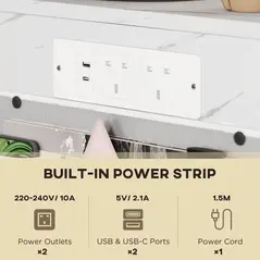 HOMCOM C-Shaped Bedside Table with Charging Station, Marble Grain Side Table with Power Outlets & USB Ports, Storage Bags, for Bedroom, Living Room, White - 3