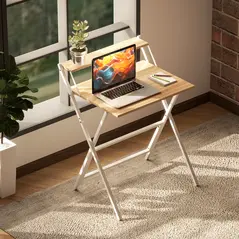 HOMCOM 70 cm Folding Computer Desk with Monitor Shelf - Natural Wood Finish - 7