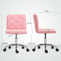 HOMCOM PU Leather Armless Office Chair, Modern Vanity Computer Swivel Chair with Rolling Wheels and Adjustable Height for Home Study, Bedroom, Pink - 2