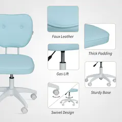 Vinsetto Vanity Office Chair, PU Leather Computer Chair for Home, with Adjustable Height, Armless, Swivel Wheels, Blue - 4
