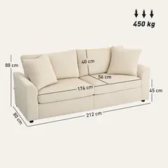 HOMCOM Modern 3 Seater Sofa with Spring Cushion, 212 cm Fabric Jumbo Cord Sofa Couch with 2 Scatter Cushions, Upholstered Corduroy Settee for Living Room, Bedroom, Home Office, Cream White - 2