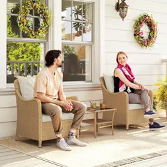 Outsunny Rattan Garden Chairs Set of 2, Outdoor Rattan Chairs with Cushions, Armrests and High Back, PE Wicker Garden Armchair with Steel Frame for Balcony, Porch, Beige - 1