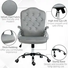 Vinsetto Velvet-Feel Work Chair, with Diamante Back - Grey - 6