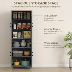 HOMCOM Freestanding Kitchen Cupboard, 4-Door Storage Cabinet with Adjustable Shelves, Modern Kitchen Pantry for Dining Room, 170cm, Grey Wood Effect - 3