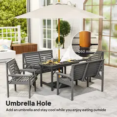 Outsunny 5 Piece Wooden Garden Dining Set for 6, Outdoor Conversation Set with 2 Armchairs, 2 Loveseats and Dining Table with Umbrella Hole for Patio, Balcony, Grey - 5