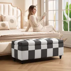HOMCOM Storage Ottoman, Storage Bench with Wood Legs, Footstool, Footrest with Velvet Surface for Bedroom, Hallway, Living Room, 114 x 47 x 47 cm, Dark Grey and White - 6