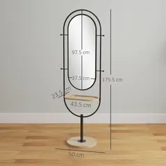 HOMCOM Oval Full Length Mirror with Wooden Tray and 4 Hooks - Black - 2