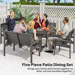 Outsunny 5 Piece Wooden Garden Dining Set for 6, Outdoor Conversation Set with 2 Armchairs, 2 Loveseats and Dining Table with Umbrella Hole for Patio, Balcony, Grey - 3