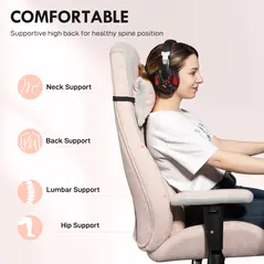 HOMCOM Fabric Gaming Chair with Lumbar Support, Headrest - Pale Pink - 3