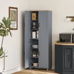 HOMCOM Freestanding Kitchen Cupboard, 4-Door Storage Cabinet with Adjustable Shelves, Modern Kitchen Pantry for Dining Room, 170cm, Grey Wood Effect - 1