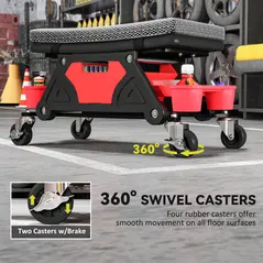 HOMCOM Rolling Mechanic Stool, 135kg Capacity Workshop Stool, 360° Swivel Roller Padded Creeper Seat with Wheels, Slide Out Tool Trays and Drawer for Garage, Shop, Auto Repair, Black - 5