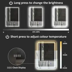 HOMCOM 50 x 70 cm Anti-Fog LED Bathroom Mirror, with Bluetooth and Clock - Silver Tone - 5