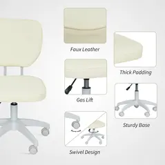 Vinsetto Vanity Office Chair, PU Leather Computer Chair for Home, with Adjustable Height, Armless, Swivel Wheels, Cream - 4