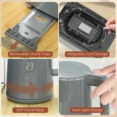 HOMCOM Digital Stainless Steel Kettle and Toaster Set, 1.5L 3000W Fast Boil Kettle, 2 Slice Toaster with 7 Level Browning Controls, Defrost, Reheat, Keep Warm, Crumb Tray and LED Touch Display, Grey - 8