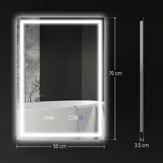 HOMCOM 50 x 70 cm Anti-Fog LED Bathroom Mirror, with Bluetooth and Clock - Silver Tone - 2