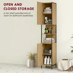 HOMCOM Tall Bathroom Cabinet with 2 Doors, Open Compartments and Adjustable Shelves - Natural Wood Finish - 3