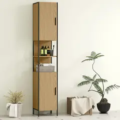 HOMCOM Tall Bathroom Cabinet with 2 Doors, Open Compartments and Adjustable Shelves - Natural Wood Finish - 6