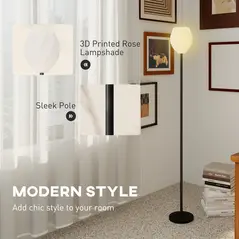 HOMCOM Flower Floor Lamp for Living Room, 3D Printed Modern Standing Lamp with Rose Shade & Foot Switch, Minimalist Tall Pole Lampshade for Bedroom, Office, E27 Holder without Bulb (25W Max), White - 3