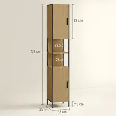 HOMCOM Tall Bathroom Cabinet with 2 Doors, Open Compartments and Adjustable Shelves - Natural Wood Finish - 2