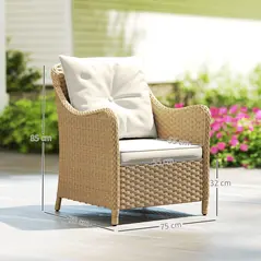 Outsunny Rattan Garden Chairs Set of 2, Outdoor Rattan Chairs with Cushions, Armrests and High Back, PE Wicker Garden Armchair with Steel Frame for Balcony, Porch, Beige - 2