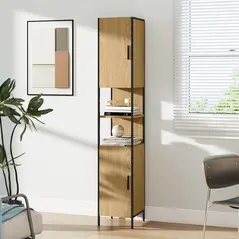 HOMCOM Tall Bathroom Cabinet with 2 Doors, Open Compartments and Adjustable Shelves - Natural Wood Finish - 8