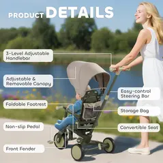 AIYAPLAY 5 in 1 Kids Trike with Adjustable Backrest, Toddler Tricycle with Push Handlebar, Adjustable Backrest, Dark Green - 9