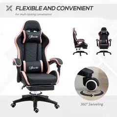 Vinsetto Computer Gaming Chair, PU Leather Office Desk Chair with Footrest, Swivel Wheels, 135° Reclining Back, Lumbar Support, Headrest for Home, Black and Pink - 5