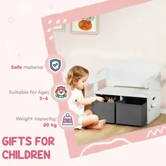 AIYAPLAY 3 in 1 Kids Storage Bench, Convertible Children Table and Chair Set with 2 Fabric Bins, Toy Storage Box, White - 7