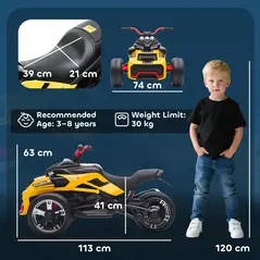 AIYAPLAY 12V Kids Electric Ride On Car with 3 Wheeler, MP3 Player, Horn, 2 Speeds, LED Lights for Boys & Girls Ages 3-8, Yellow - 3