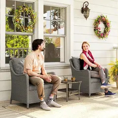 Outsunny Rattan Garden Chairs Set of 2, Outdoor Rattan Chairs with Cushions, Armrests and High Back, PE Wicker Garden Armchair with Steel Frame for Balcony, Porch, Dark Grey - 1