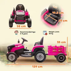 AIYAPLAY 12V Ride on Tractor and Trailer with Remote Control, Music, Shifter, Start-Up Sound, for Kids Ages 3-8 Years, Pink - 3