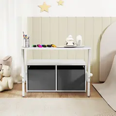 AIYAPLAY 3 in 1 Kids Storage Bench, Convertible Children Table and Chair Set with 2 Fabric Bins, Toy Storage Box, White - 8