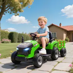 AIYAPLAY 12V Ride on Tractor and Trailer with Remote Control, Music, Shifter, Start-Up Sound, for Kids Ages 3-8 Years, Green - 2