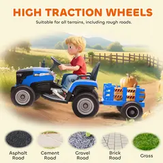 AIYAPLAY 12V Ride on Tractor and Trailer with Remote Control, Music, Shifter, Start-Up Sound, for Kids Ages 3-8 Years, Blue - 9