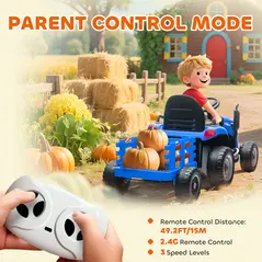 AIYAPLAY 12V Ride on Tractor and Trailer with Remote Control, Music, Shifter, Start-Up Sound, for Kids Ages 3-8 Years, Blue - 6