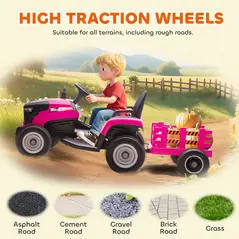 AIYAPLAY 12V Ride on Tractor and Trailer with Remote Control, Music, Shifter, Start-Up Sound, for Kids Ages 3-8 Years, Pink - 9