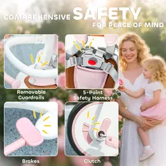 AIYAPLAY 5 in 1 Kids Trike with Adjustable Backrest, Toddler Tricycle with Push Handlebar, Adjustable Backrest, Pink - 5