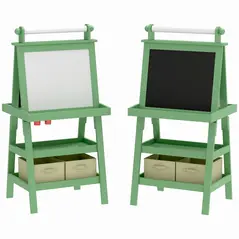 AIYAPLAY 3 in 1 Kids Easel Double-Sided Magnetic Whiteboard and Chalkboard with Paper Roll, Storage Baskets - Green - 1