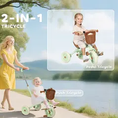AIYAPLAY 2-In-1 Toddler Trike for 2-5 Years Old, 3 Wheel Bike with Adjustable Parent Handle, Basket for Boys and Girls, Green - 4