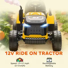 AIYAPLAY 12V Ride on Tractor and Trailer with Remote Control, Music, Shifter, Start-Up Sound, for Kids Ages 3-8 Years, Yellow - 4