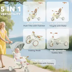 AIYAPLAY 5 in 1 Kids Trike with Adjustable Backrest, Toddler Tricycle with Push Handlebar, Adjustable Backrest, Cream White - 4