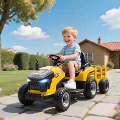 AIYAPLAY 12V Ride on Tractor and Trailer with Remote Control, Music, Shifter, Start-Up Sound, for Kids Ages 3-8 Years, Yellow - 2