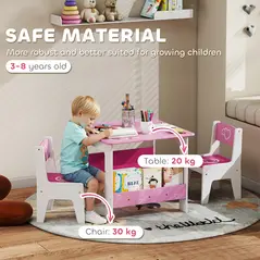 AIYAPLAY 3 Pieces Kids Table and Chair Set, Toddler Activity Table with Bookshelves, for Living Room, Nursery, Playroom, Pink - 8