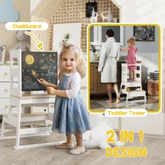 AIYAPLAY 2-in-1 Toddler Tower with Chalkboard, Safety Rail for Kitchen, Counter, Bathroom, Sink, White - 5