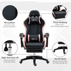 Vinsetto Computer Gaming Chair, PU Leather Office Desk Chair with Footrest, Swivel Wheels, 135° Reclining Back, Lumbar Support, Headrest for Home, Black and Pink - 6